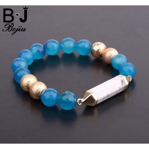 BOJIU Tapered White Howlite Column Mixed Ag. Colored Pendant Blue Natural Stone 10mm Beads Women Bracelet Top Jewelry BC175