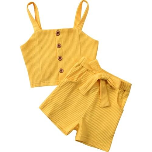 Citgeett Summer Solid Kids Girls Ribbed Set Straps Button Tops and Short Pants 2-piece Suits Set Clothes