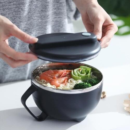 Stainless Steel Noodle Rice Soup Bowl with Lid Handle Food Container Lunch Box Tableware Household Large Bowl
