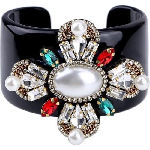 HAHA&TOTO Trendy Black Resin Bangle Cuff Bracelet Inlaid Handmade Crystal Beaded Flower Statement Bracelet Women Jewelry 3306