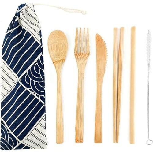 Natural Eco Friendly Flatware Set bamboo cutlery set Flatware 100% Biodegradable Portable Spoon Fork Chopstick straw
