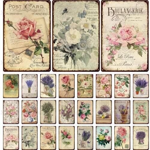 Rose Lavender Postcard Metal Tin Sign Flower Vintage Metal Plaque Retro Art Poster Home Decor Garden Courtyard Iron Painting