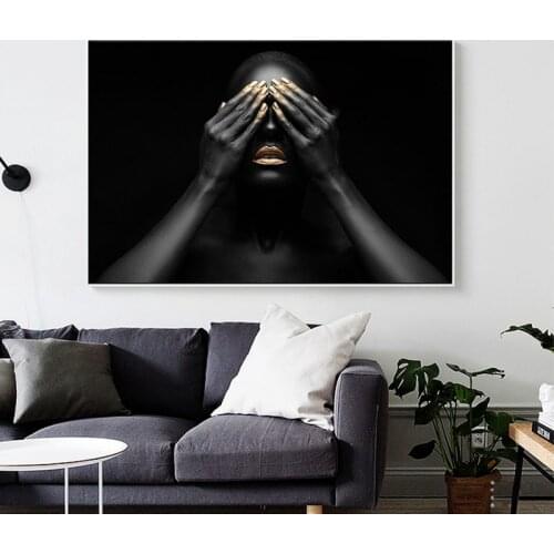 Black Hand and Gold Lip Nude Woman Canvas Painting African Posters and Prints Wall Art Pictures for Living Room Home Decoration