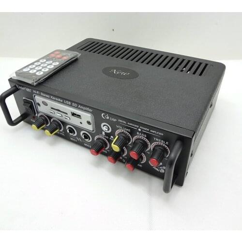 AC220V / DC12V 120W+120W 2.0 channel hifi AV home Kara OK remote control amplifier with USB SD card player and Microphone input