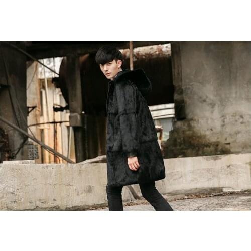 Real genunie natural rabbit fur coat with hood mens long fashion jacket warm winter custom any size