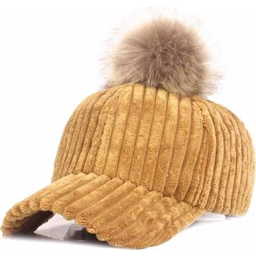 Adjustable Faux Fur Women Pom Pom Cap Corduroy Winter Baseball Cap Red Brown Pink Grey Khaki