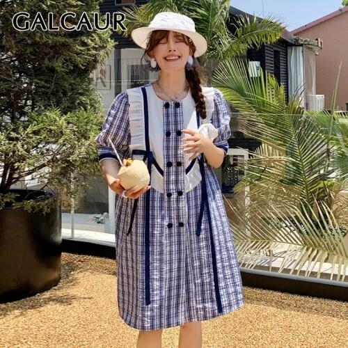 GALCAUR Blue Plaid Straight Dress For Women O Neck Puff Short Sleeve Patchwork Lace Knee Length Dresses Female 2021 Fashion New