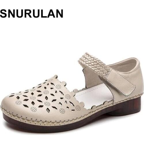 SNURULAN 2020 New Women Hook & Loop Flat Sandals Closed Toe Summer Genuine Leather Gladiator Sandals Hollow Out Flats Women