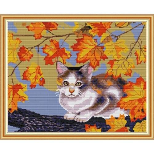 NKF Cat and Maple Stamped Cross Stitch Patterns DIY Kits Needlework Embroidery Sets Cross Stitch for Home Decor