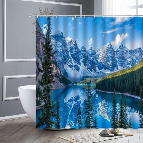 Snow Mountain Scenery Shower Curtain Forest Green Plants Natural Landscape Fabric Bathroom Curtains Home Wall Decors Screen Set