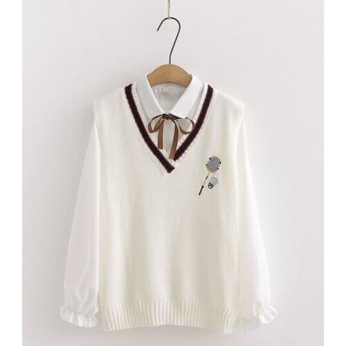 Women Sets Cartoon Embroidery Sleeveless V-neck Knitted Vest And White Lace Up Blouse Shirts 2021 Winter Preppy 2 Piece Clothes