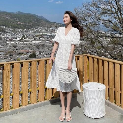Travel vacation white dress Lace Hollow Out Embroidery Summer Dress V-neck loose puff sleeve Fashion Korean Chic Vestidos