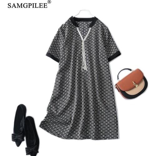 Summer Women Clothing 2021 New Fashion V Neck Tassel Chain Geometric Print Short-sleeved Thin A-line Plus Size Woman Dresses 4XL