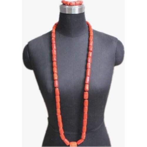4UJewelry Nigerian Wedding Jewellery Set With Big Coral in the Middle Mens Necklace Bracelet Set 2019 Genuine Coral Beads African Groom Set Long Design Edo Traditional Bridal Nature Coral Jewelry Set 3 Pieces Indian