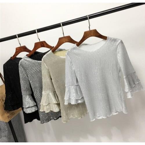 [Alphalmoda] New Bling Tshirts Bronzing O-neck Double Layer Flare Sleeve Slid Color All-match Fashion Shining Top