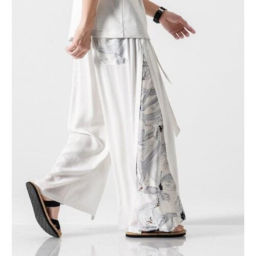 New Chinese Style Summer Cotton Linen Wide Leg Pants Mens Patchwork Vintage Man Leisure Trousers 2021 Harem Pants Male Pants