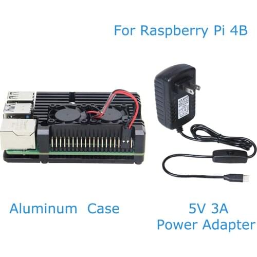 Raspberry Pi 4 Model B Case Aluminum Case with Dual Cooling Fan+ Raspberry Pi 4B Power Supply 5V 3A Type-C US UK Plug