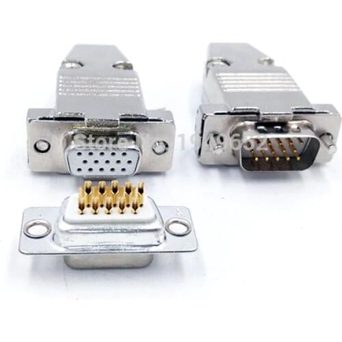 DB15 VGA Plug D type connector metal case golden plated brass contactor 3 row 15pin port socket female Male adapter DP15