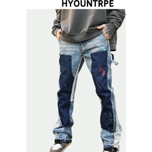 Fashion Graffiti Printed Patchwork Denim Flare Jeans Casual Trousers Hip Hop Casual Loose Jean Jogger Streetwear Men Baggy Jeans