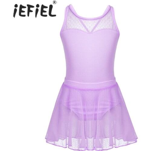 Kids Girls Sleeveless Costumes Splice Criss-cross Back Ballet Dance Gymnastics Leotard Ballerina Bodysuit with Mesh Skirt Set