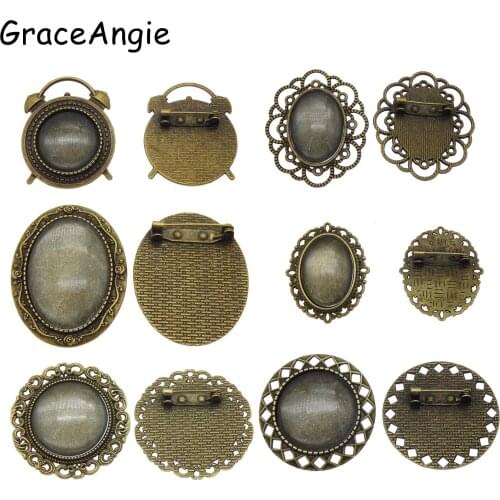Round Brooch Set Cabochon Blanks Trays with Brooch Pins Cameo Lace brooch pin base Clear Glass broche backing tray diy findings
