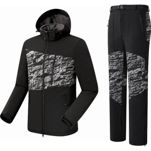 2019 New Mens Hiking Softshell jacket Pants suits Winter Fleece Outdoor Sports Windproof Camping Climbing Skiing Trekking Windbreaker Coat+ Thermal Fleece Trousers Sets