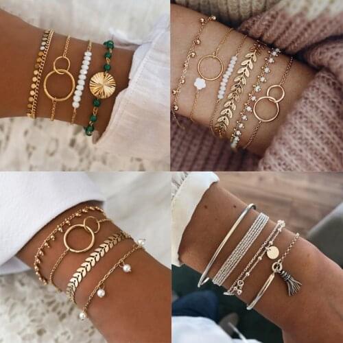 Bohemian Leaf Flowers Tassel Bracelet Set for Women Crystal Shell Beads Geometric Bracelet Punk Boho Beach Bangle Jewelry Gift