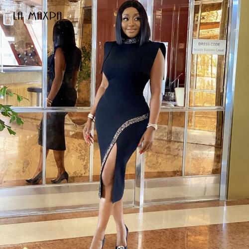 2021 New High Quality Black Sleeveless Tights Split Rayon Bandage Dress Elegant Banquet Dress Vestidos