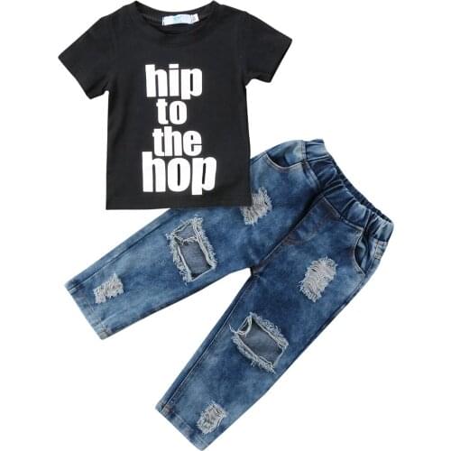 2019 Toddler Kids Boys Clothes Black T Shirts Top+Denim Pants Ripped Jeans Outfits Set Children Clothes