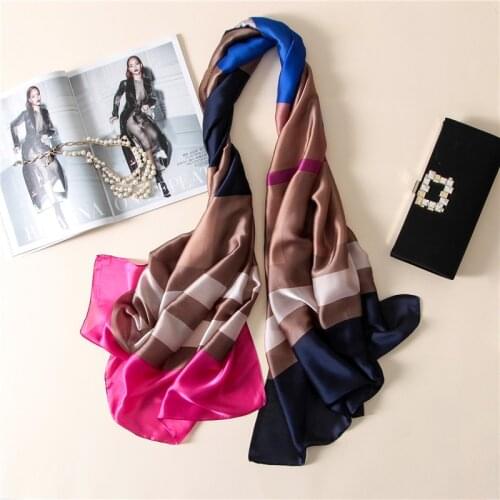 Autumn Silk Shawl Women Fashion Long Pure Silk Scarf Foulard Femme Bright Colorful Striped Silk Hijab Scarves Oversized 180cm