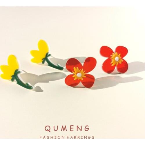 QUMENG 2020 Summer Retro Cute Acrylic Red and yellow Flowers Asymmetric Stud Earrings For Women Korean Cute girl jewelry