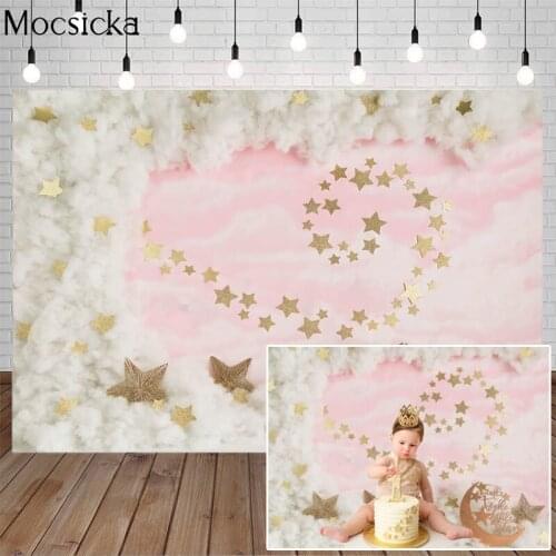 Newborn Pink Twinkle Little Star Birthday Cake Smash Backdrop Gold Stars Baby Portrait Background White Cloud Photography Props