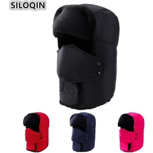 SILOQIN Thicker Plus Velvet Warm Winter Earmuffs Hat Bomber Hats For Men Women Anti-snow Male Bone Couple Hooded Mask Ski Caps