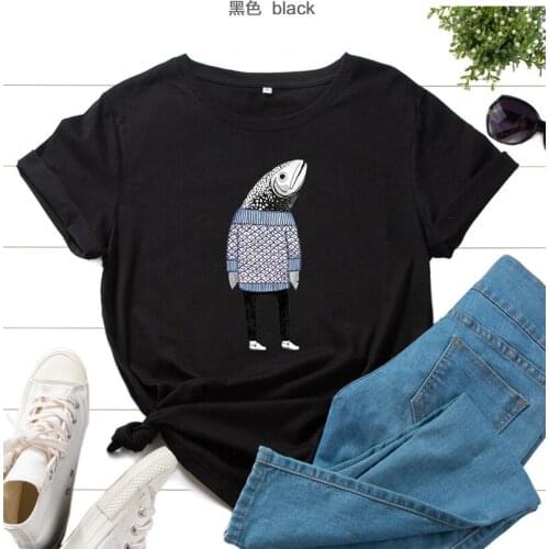 WomenS Hot Style WomenS Clothing Cotton Creative Printing Cartoon Fish Tshirt Women Casual Short-Sleeved Round Neck T-Shirt