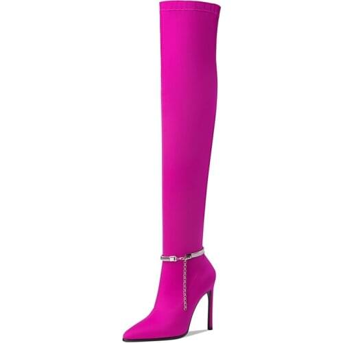 13cm High Thin Heels Thigh High Boots Women Sexy Lady Pointed Toe Shoes Over The Knee High 2021 New Autumn Chain Decoration Boot