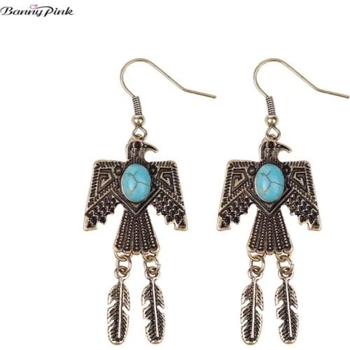 Banny Pink Tribal Stone Eagle Dangle Earrings For Women Ethnic Peace Bird Leaf Statement Drop Earrings Feather Tassel Earrings