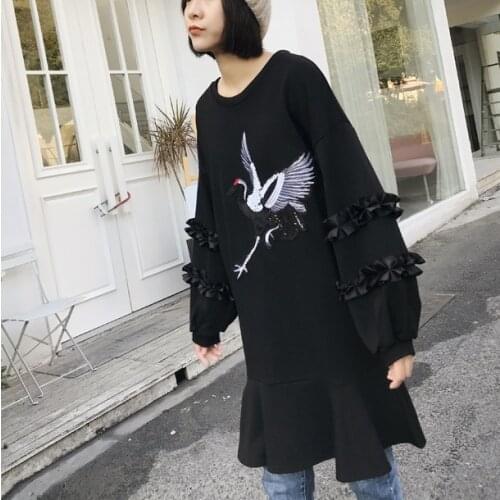 WWENN 2020 Loose Fit Black Ruffles Women Dress Embroidery Dress New Street Long Sleeve dress Women Big Size Fashion Sprin