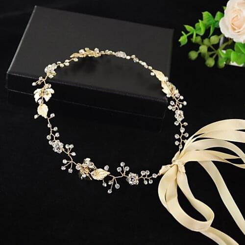 100% Handmade Flower Bridal Headband Rhinestones Bead Bridal Hair Accessories Bohemia Style Headpieces Golden Leaf Wedding Tiara