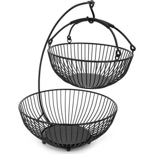 2 Tier Fruit Vegetable Basket Bowl Stand Holder Kitchen Storage with Banana Hook For Snacks Flowers Fruit Storage Basket