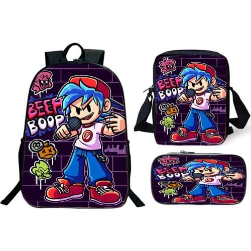 Funny Friday Night Funkin Backpack Cartoon School Bags 3 Pcs Set Bookbags Shoulder Bag Cute Pencil Case Girls Boys Book Knapsack