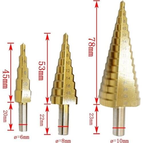 3Pcs Hss Step Drill Bit Titanium Coated Step Cone Metal Hole Cutter 4-12/20/32mm Metal Hex Tapered Drill Power Tools Accessories
