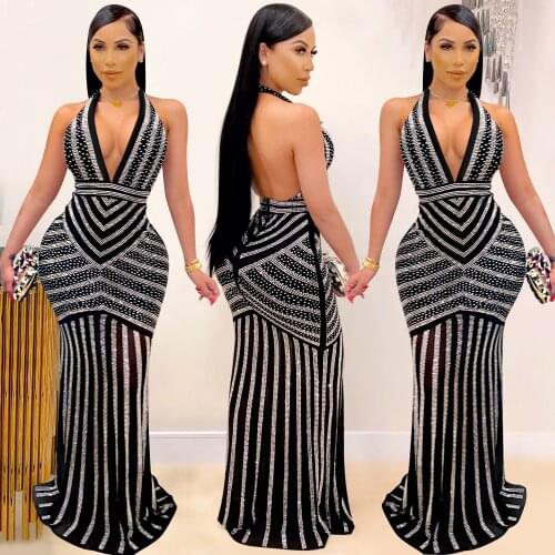 Bling Embelleshied Crystal Sexy Deep V Backless Nightclub Party Long Dress Black Sleeveless Elegant Womens Birthday Party Dress