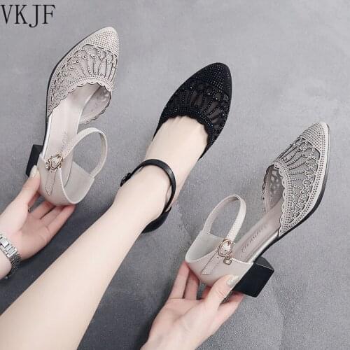 Female Cow Suede Pointed Toe Summer Shoes Women Thick Heel Sandals Hollow Breathable Air Mesh Rhinestone Buckle Casual Sandals