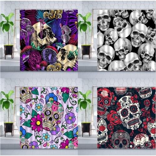 Halloween Shower Curtain Creative Dream Flower Skull Mushroom Plant Black Decorative Wall Cloth Bathroom Waterproof Curtains Set