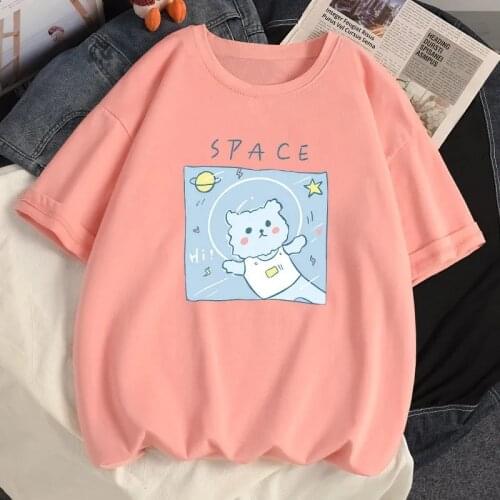 Harajuku Anime y2k Tops Cotton Loose Oversized O Neck 2021 Summer Clothing Short Sleeved Kawaii Space Cat Printing T-shirts Tops