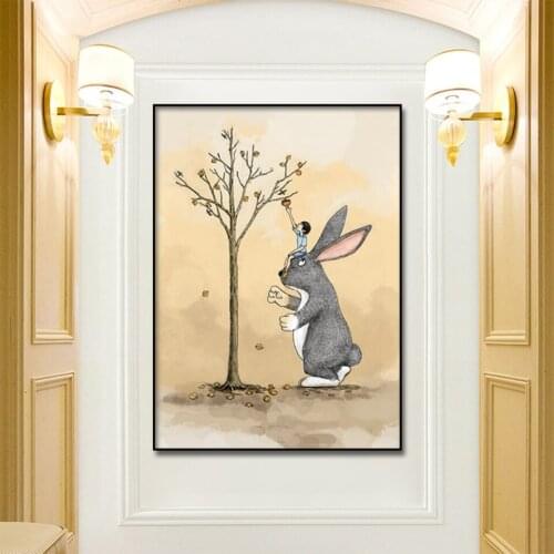 Cartoon Cute Rabbit and Kid playing 1pcs Modern Home Wall Decor Canvas Picture Art HD Print Painting On Canvas for Living Room
