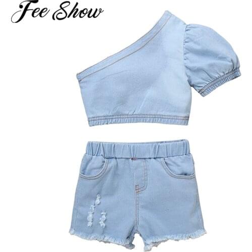 Summer Toddler Kids Baby Fashion Outfits Clothes Set Single Shoulder Crop Tops Shirt Ripped Blue Denim Shorts 2PCS Outfit 1-5Y
