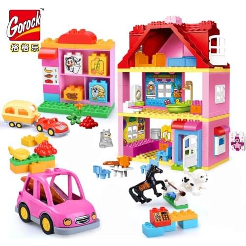 DIY large particles Friends Pink City Girl Princess Pink Villa Figure Family House Duplo Building Block Girl Christmas Gift