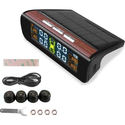 Solar TPMS Car Tire Pressure Alarm Monitor System Display Attached to glass tpms Temperature Warning with 4 sensors BAR