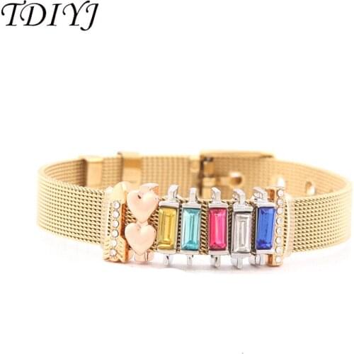 TDIYJ 1Set KEEPER Keys Gold Mesh Stainless Steel Wrappable Keeper Bracelet with Colorful Crystals, Arrow Slide Charms for Women